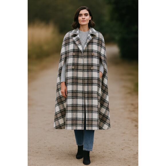 Guidebook Co. Fitzroy Cape Plaid Tartan Long Wool Coat Medium Double Breasted - Picture 1 of 13